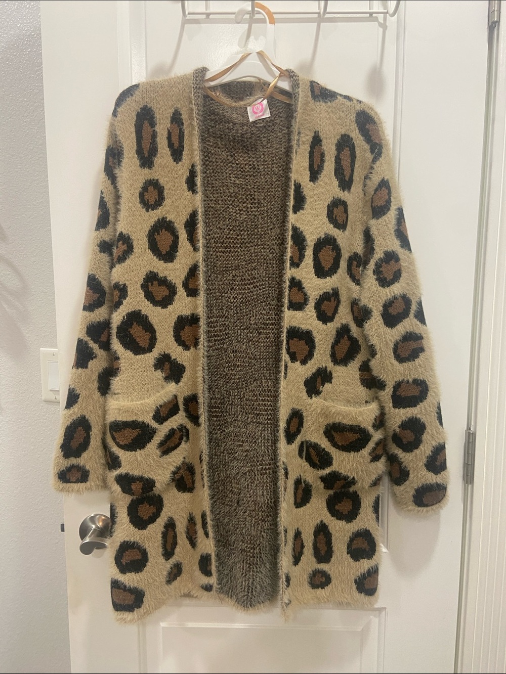 Long Leopard Print Fuzzy Open Cardigan - Beige, Black, Brown